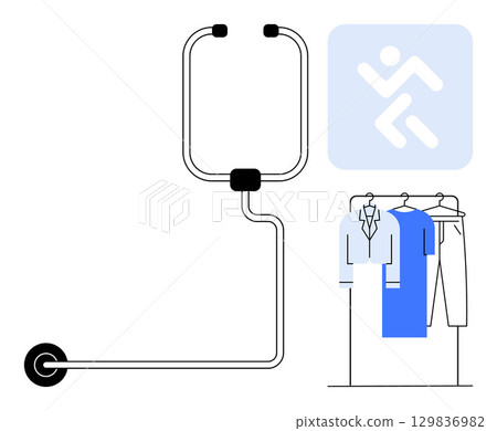 Stethoscope next to a clothing rack with shirts and trousers, and an exercise figure. Ideal for healthcare, wellness, fitness, professional attire, work-life balance, health check-ups, and lifestyle 129836982