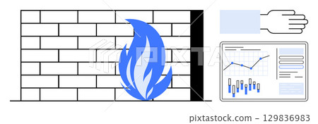 Brick wall with blue flame, hand gesture, and screen displaying data analytics with charts. Ideal for cybersecurity, data protection, IT security, network safety, online privacy, digital defense 129836983