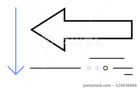 Bold leftward arrow and thin downward arrow with circular and linear accents in minimalist style. Ideal for navigation, direction, guidance, user interfaces, graphic design, presentations Bold leftward arrow and thin downward arrow with circular and linear accents in minimalist style. Ideal for navigation, direction, guidance, user interfaces, graphic design, presentations 129836988