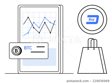Graph on a smartphone with BTC label, adjacent circular buy button, and shopping bag. Ideal for finance, e-commerce, investments, mobile apps, cryptocurrency retail and technology. Line metaphor Graph on a smartphone with BTC label, adjacent circular buy button, and shopping bag. Ideal for finance, e-commerce, investments, mobile apps, cryptocurrency retail and technology. Line metaphor 129836989