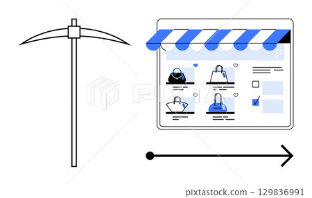 Mining pickaxe beside an online store interface showcasing various handbags. Ideal for e-commerce, online shopping, digital marketing, product listing, store management, website design, mining Mining pickaxe beside an online store interface showcasing various handbags. Ideal for e-commerce, online shopping, digital marketing, product listing, store management, website design, mining 129836991