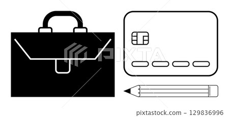 Briefcase, credit card, and pencil. Ideal for financial services, business planning, office supplies, corporate training, entrepreneurship work-from-home setups teaching materials. Line metaphor Briefcase, credit card, and pencil. Ideal for financial services, business planning, office supplies, corporate training, entrepreneurship work-from-home setups teaching materials. Line metaphor 129836996