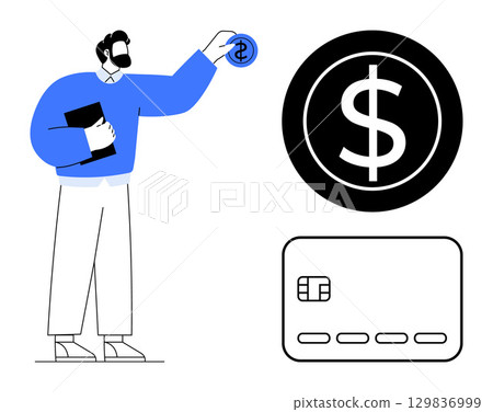 Man holding notebook and adding coin to giant dollar sign near credit card representation. Ideal for finance, banking, savings, investments, budget planning, business strategy, monetary transactions Man holding notebook and adding coin to giant dollar sign near credit card representation. Ideal for finance, banking, savings, investments, budget planning, business strategy, monetary transactions 129836999