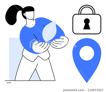 Woman holding leaf represents environmental care, security lock signifies protection, and map marker denotes location. Ideal for environment, security, navigation, safety, sustainability, technology 129837007
