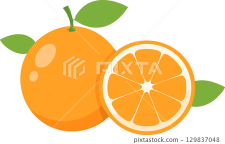Bright orange fruit with juicy slices and green leaves, perfect for fresh summer Bright orange fruit with juicy slices and green leaves, perfect for fresh summer 129837048