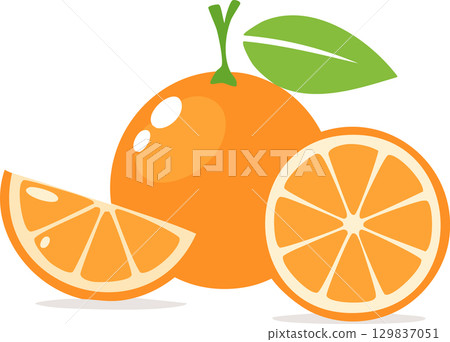 Juicy orange whole and cut half, simple flat illustration with green leaves and clear background 129837051