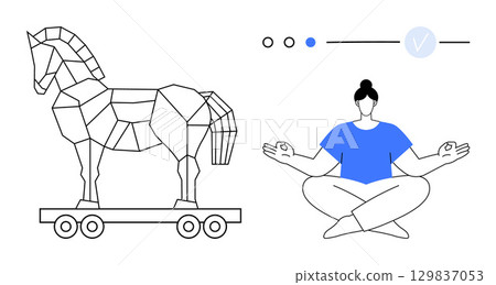 Woman in blue shirt meditating beside geometric Trojan horse on wheels. Progress indicator with dots and a checkmark above. Ideal for cybersecurity, mindfulness, balance, technology, progress Woman in blue shirt meditating beside geometric Trojan horse on wheels. Progress indicator with dots and a checkmark above. Ideal for cybersecurity, mindfulness, balance, technology, progress 129837053