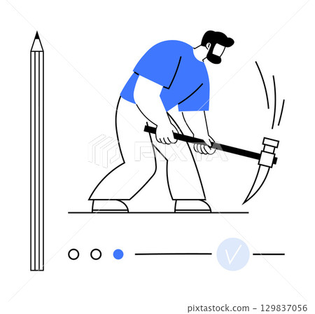 Worker swinging a pickaxe, pencil beside him, three circles, and check mark below. Ideal for productivity, labor, hard work, effort goal setting motivation task completion. Line metaphor 129837056