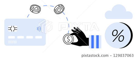 Hand transferring coins to a credit card, indicating online payment with financial cloud icon and percentage symbol. Ideal for mobile banking, e-commerce, digital transactions, fintech services 129837063