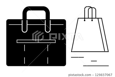 Briefcase in solid black next to an outlined shopping bag. Ideal for retail, business, shopping themes, office work, packaging ideas, travel essentials, online stores. Line metaphor 129837067