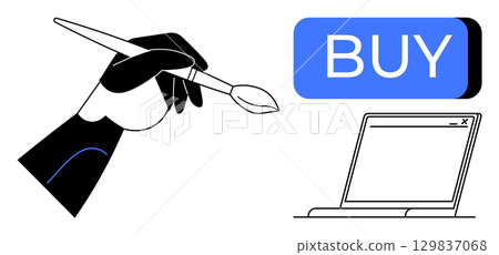 Hand holding paintbrush, large BUY button, and laptop screen. Ideal for ecommerce, digital marketing, online shopping, web design, retail strategy, user interface, digital art. Line metaphor 129837068