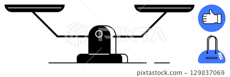 Black and white balancing scale with thumbs up and shopping bag icons indicating comparison. Ideal for consumer ratings, product reviews, shopping decisions, quality assessment, online buying 129837069