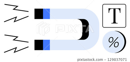 Magnet attracting text and percentage symbols represents attracting content, marketing, and engagement. Ideal for digital marketing, SEO, content strategy, business growth, branding, customer Magnet attracting text and percentage symbols represents attracting content, marketing, and engagement. Ideal for digital marketing, SEO, content strategy, business growth, branding, customer 129837071
