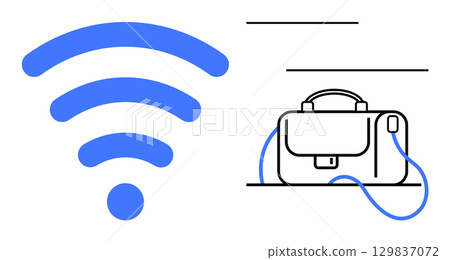 Blue wireless signal waves next to a black-and-white briefcase with a strap. Ideal for technology, business, remote work, connectivity, travel, wireless communication, and office concepts. Line 129837072