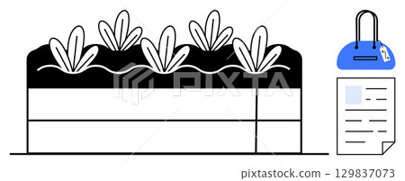 Plants growing in raised garden bed with foliage. Includes garden logbook and bag. Ideal for gardening guides, urban farming, horticulture education, planting schedules, eco-friendly projects 129837073