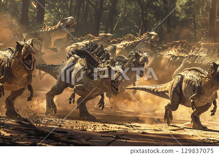 An old illustration of a powerful dinosaur running 129837075