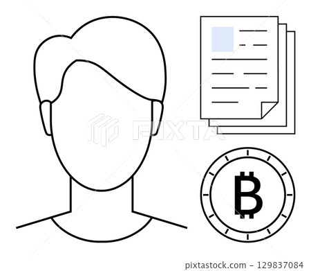 Outline of anonymous person next to documents and Bitcoin symbol. Ideal for cryptocurrency, anonymity, technology, digital finance, blockchain, identity protection, financial documents. Line metaphor 129837084