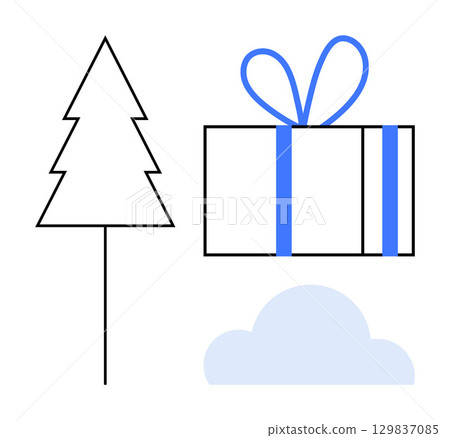 Simple line art of a Christmas tree, gift box with bow, and cloud. Ideal for holiday greetings, festive marketing, seasonal promotions, holiday events, winter celebrations, digital designs art Simple line art of a Christmas tree, gift box with bow, and cloud. Ideal for holiday greetings, festive marketing, seasonal promotions, holiday events, winter celebrations, digital designs art 129837085