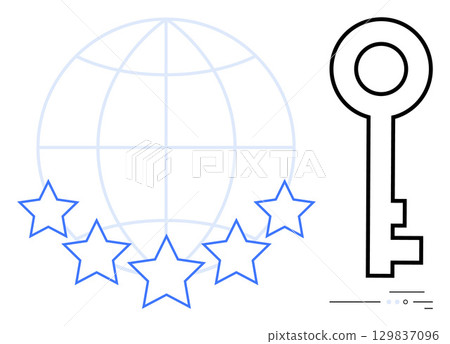 Key next to five stars and a world globe in the background. Ideal for global success, security, achievement, rating systems, international standards, quality assurance, and business growth. Line 129837096