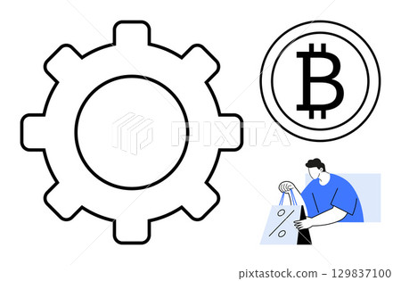 Gear outline, Bitcoin symbol, person holding discount shopping bags. Ideal for e-commerce, cryptocurrency, fintech, shopping, technology business processes automation. Line metaphor 129837100