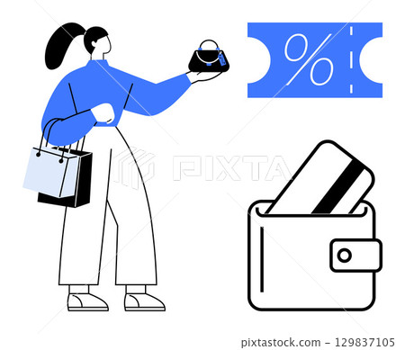 Woman holding handbag and shopping bags beside a discount coupon and a wallet with a credit card. Ideal for online shopping, e-commerce, retail, discounts, sales, finances, payment methods. Line 129837105