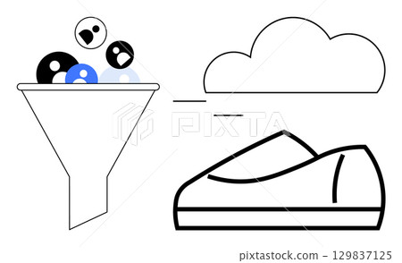 Funnel filled with leads, cloud icon, and shoe representing customer conversion. Ideal for digital marketing, sales processes, lead conversion, e-commerce, data storage, cloud computing, business Funnel filled with leads, cloud icon, and shoe representing customer conversion. Ideal for digital marketing, sales processes, lead conversion, e-commerce, data storage, cloud computing, business 129837125