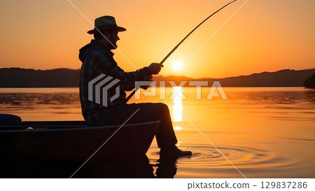Fisherman fishing with fishing rod nets in boat at sunset 129837286