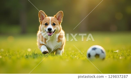 Corgi dog running on the grass after a ball 129837287