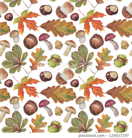Watercolor seamless autumn pattern with mushrooms, leaves, acorn and chestnut Watercolor seamless autumn pattern with mushrooms, leaves, acorn and chestnut 129837297