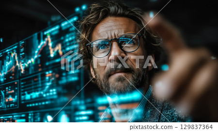 A businessman interacts with a financial graph screen display. The concept of investment, economic growth, and digital financial analysis. Generative AI. 129837364