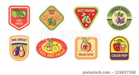 Kawaii Vegetable Sticker Pack. Fun Smiley Food Characters for Kids, Playful Packaging Design 129837398
