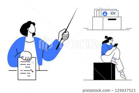 Person presenting with document, document directory with CV, individual reading on smartphone. Ideal for job search, career advice, recruitment, HR planning, coaching interviews training. Line 129837521