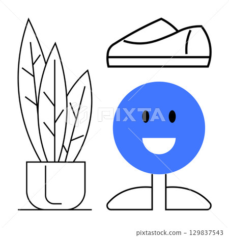 Smiling blue face with black eyes and white mouth, sports shoes above, potted plant with large leaves on left. Ideal for web design, advertisements, posters, educational materials, infographics 129837543