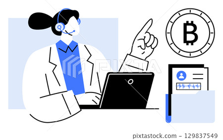 Customer service agent with headset points upward beside Bitcoin symbol, laptop, and user profiles folder. Ideal for fintech, customer service, cryptocurrency, digital communication, remote work 129837549