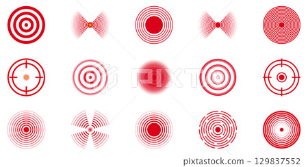 Red Radar Pain Zones and Pressure Target Icon Set. Sensor Pulse Mapping, Injury Focus Rings and Health Detection Spots Symbol Collection. Isolated Vector Illustration 129837552