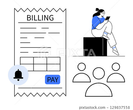 Woman checking tablet near billing document, payment button, notification bell, and user icons. Ideal for finance, e-billing, mobile payments, notifications, online services user management digital Woman checking tablet near billing document, payment button, notification bell, and user icons. Ideal for finance, e-billing, mobile payments, notifications, online services user management digital 129837558