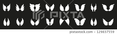 White Wing Silhouettes Solid Icon Set. Angelic, Bird, And Fantasy Wing Designs Silhouette Symbol Collection. Ideal For Mythical And Spiritual. Isolated Vector Illustration 129837559