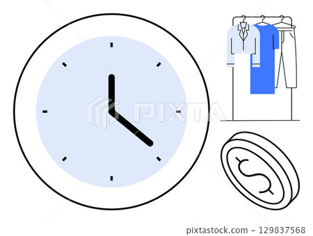 Large clock with clothes on hanger and a coin. Ideal for time management, financial planning, scheduling, budgeting, cost, work-life balance, efficiency. Line metaphor Large clock with clothes on hanger and a coin. Ideal for time management, financial planning, scheduling, budgeting, cost, work-life balance, efficiency. Line metaphor 129837568