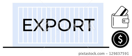 Large shipping container labeled EXPORT, wallet with credit cards, and dollar coin. Ideal for global trade, export business, commerce, international shipping, financial transactions, economy Large shipping container labeled EXPORT, wallet with credit cards, and dollar coin. Ideal for global trade, export business, commerce, international shipping, financial transactions, economy 129837591