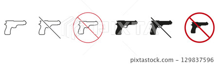 Gun Prohibition And Safety Icon Set. Firearm Restriction And No Weapons Allowed Outline And Silhouette Symbol Collection. Security And Safety Measures. Isolated Vector Illustration Gun Prohibition And Safety Icon Set. Firearm Restriction And No Weapons Allowed Outline And Silhouette Symbol Collection. Security And Safety Measures. Isolated Vector Illustration 129837596