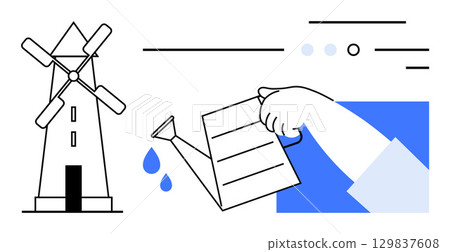 Hand pouring water from a watering can, water droplets, windmill, text lines, and blue rectangle. Ideal for sustainability, renewable energy, growth, agriculture, environmental conservation 129837608