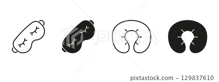 Sleep Mask And Neck Pillow Icon Set. Travel Comfort And Relaxation Outline And Silhouette Symbol Collection. Sleep Aid And Restful Journey Essentials. Isolated Vector Illustration Sleep Mask And Neck Pillow Icon Set. Travel Comfort And Relaxation Outline And Silhouette Symbol Collection. Sleep Aid And Restful Journey Essentials. Isolated Vector Illustration 129837610