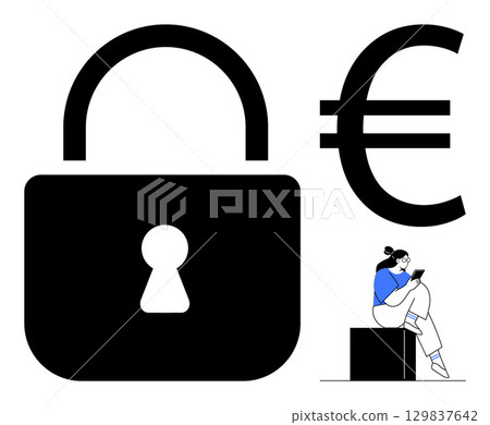 Large black padlock and Euro symbol with a person sitting and using a mobile device. Ideal for financial security, privacy, digital safety, encryption, online banking, fraud prevention Large black padlock and Euro symbol with a person sitting and using a mobile device. Ideal for financial security, privacy, digital safety, encryption, online banking, fraud prevention 129837642