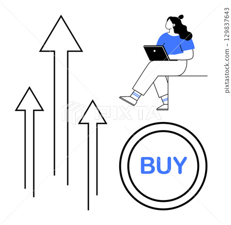 Woman working on laptop, three rising arrows indicating growth, large BUY button. Ideal for finance, investment, business growth, online shopping, digital marketing, e-commerce, economic trends. Line 129837643