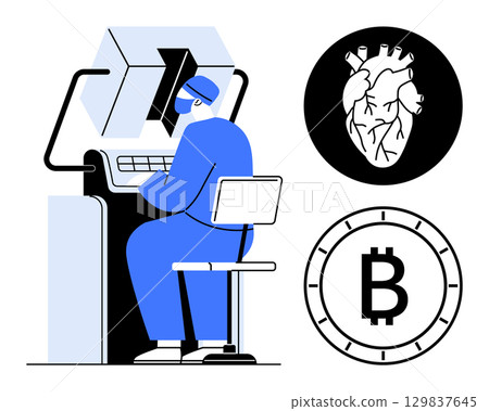 Healthcare professional operating medical equipment, heart and cryptocurrency icons nearby. Ideal for healthcare, technology, innovation, medical research, cryptocurrency, future of medicine, digital 129837645