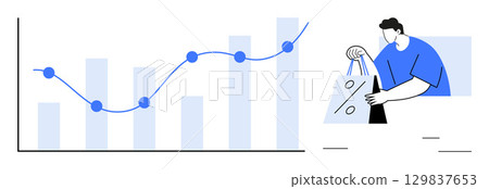 Bar graph and line chart showing upward trend, next to a person holding shopping bags with a discount tag. Ideal for business growth, e-commerce, market analysis, consumer trends, retail strategies Bar graph and line chart showing upward trend, next to a person holding shopping bags with a discount tag. Ideal for business growth, e-commerce, market analysis, consumer trends, retail strategies 129837653