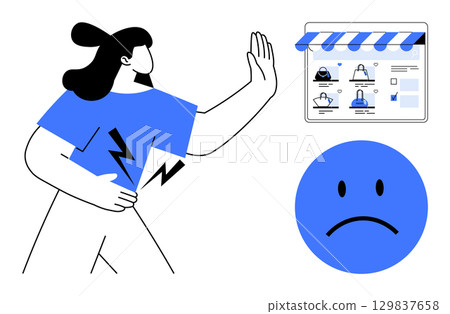 Woman raises hand to stop while holding her side with electric shock symbols. Sad face and online profiles. Ideal for cybersecurity, online safety, digital awareness, fraud prevention, user 129837658