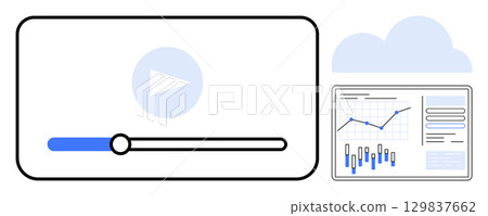 Video player interface with playback controls next to an analytics dashboard displaying graphs and charts. Ideal for business reports, digital marketing, social media, education, training 129837662