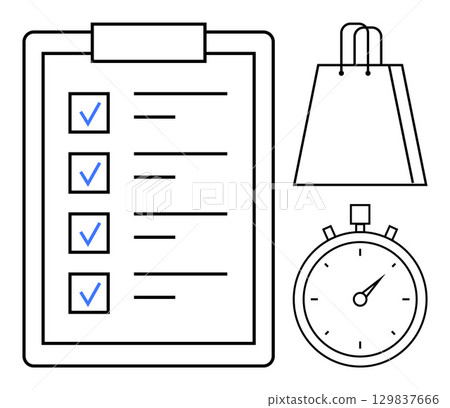 Clipboard checklist with blue checkmarks, shopping bag, and stopwatch illustrating task management. Ideal for productivity, organization, project planning, time management, shopping, goal setting 129837666