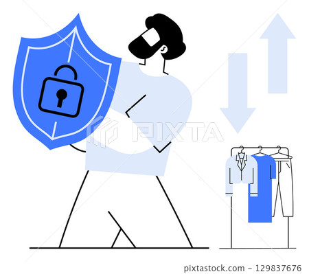 Man holding shield with lock secure clothing on rack with up and down arrows. Ideal for cybersecurity, data protection, online privacy, retail security, e-commerce safety, personal data, information 129837676